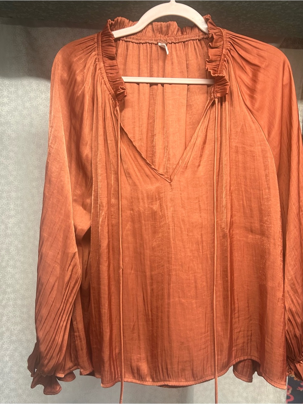 glam Rust Orange V-Neck Ruffle-Trim Blouse